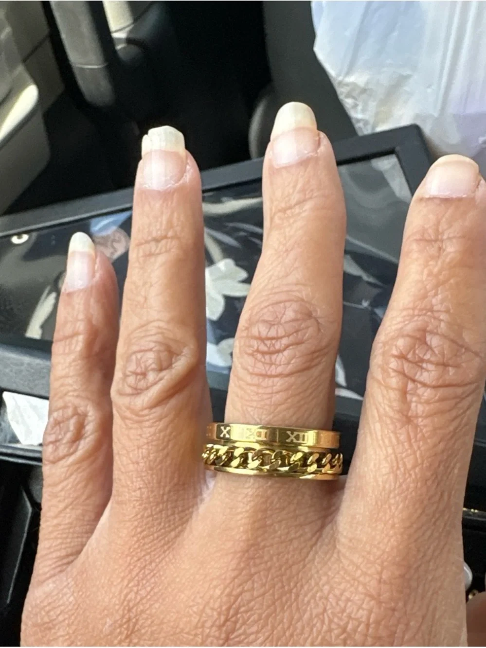 Gold Tone Stacked Chain & Roman Numeral Ring